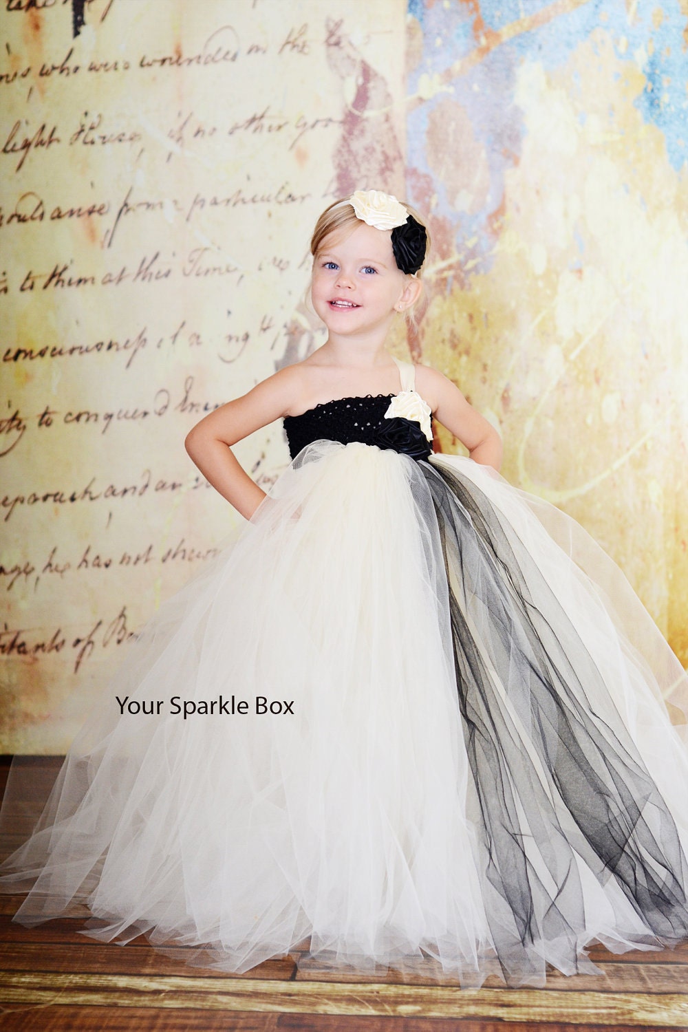 Ivory and Black wedding flower girl dress