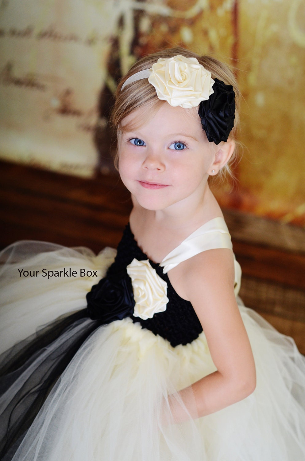 Ivory and Black wedding flower girl dress