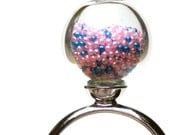 Metallic blue and pink microbeads in hand blown glass silver tone ring