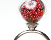 Red and black microbeads in hand blown glass silver tone ring