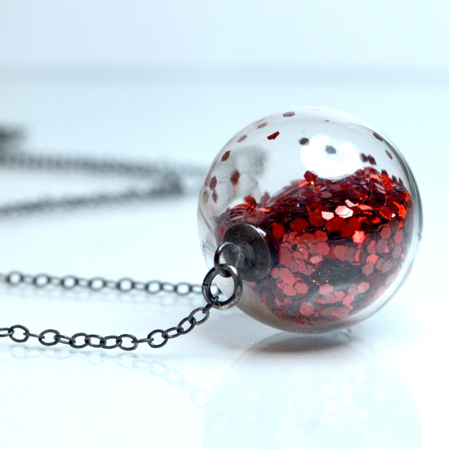 Red glitter necklace in round hand blown glass beads antiqued sterling silver
