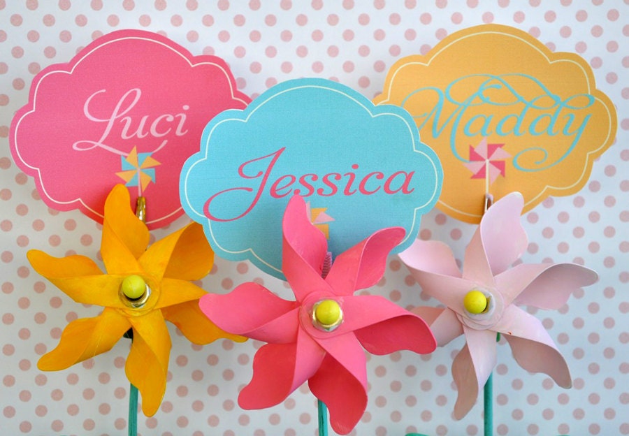 Pinwheel Party PRINTABLE DIY Birthday Name Tags from Love The Day