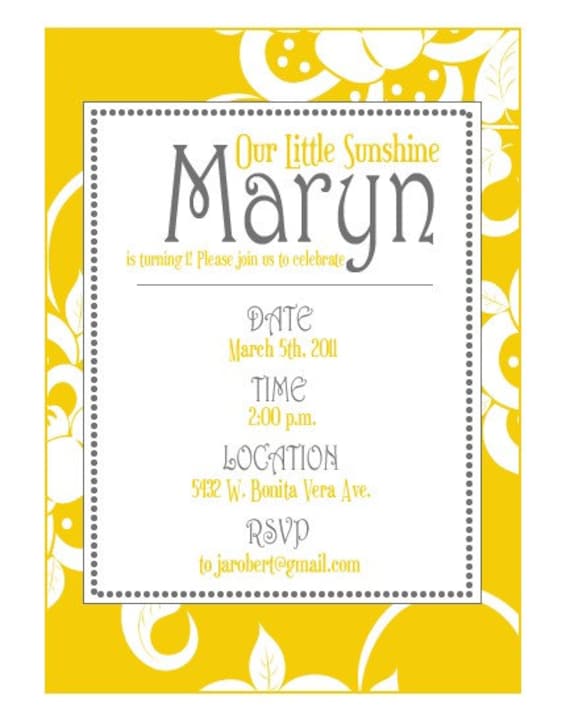 Yellow Sunshine Party PRINTABLE DIY Invitation by Love The Day Il_570xn