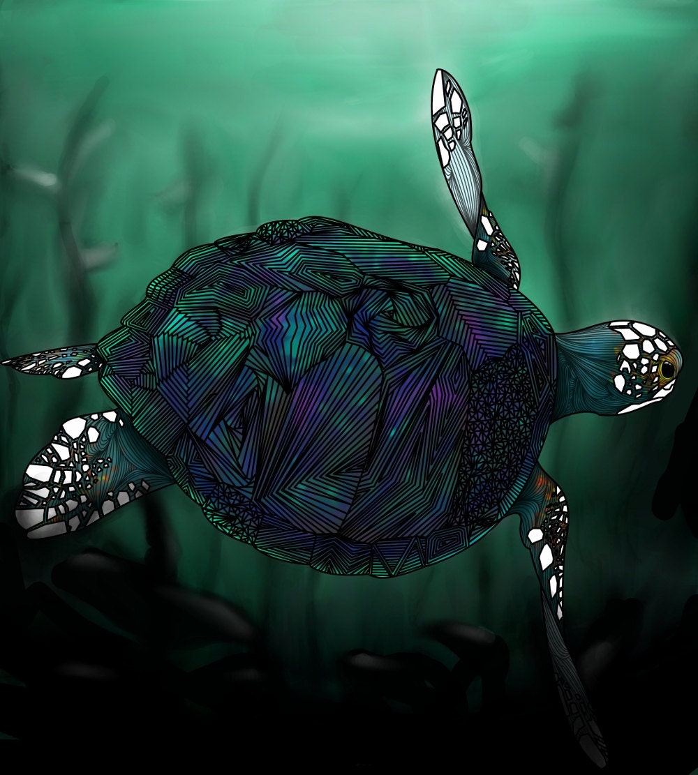 Sea Turtle original art print in Matte and glossy 8 X 10 colorful fantasy abstract animal