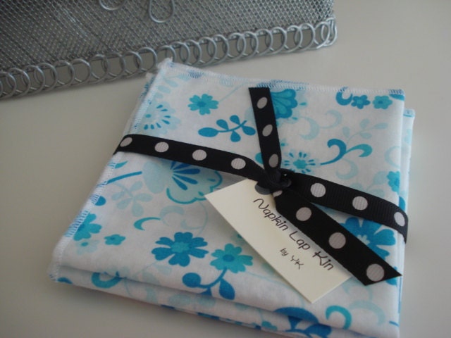 Calico Print Inspired Cloth Cocktail Napkins in Blue White Set of 4   -  8" x 8"