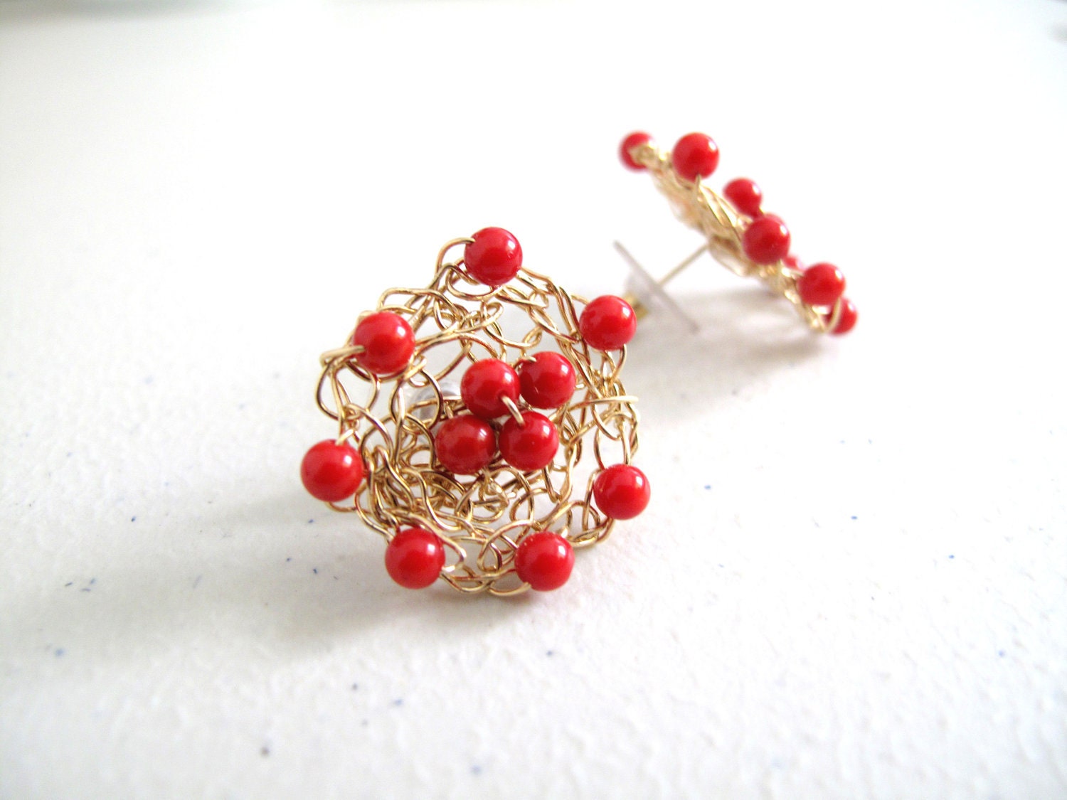 Red Coral handmade crocheted disc earrings