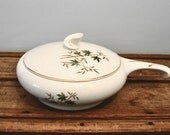 Vintage White Ceramic Bamboo Pot with Lid and Handle Serving Bowl