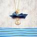 Anchor necklace, Nautical necklace, Sea side love necklace, Gold anchor necklace with a blue ribbon, Long nautical necklace