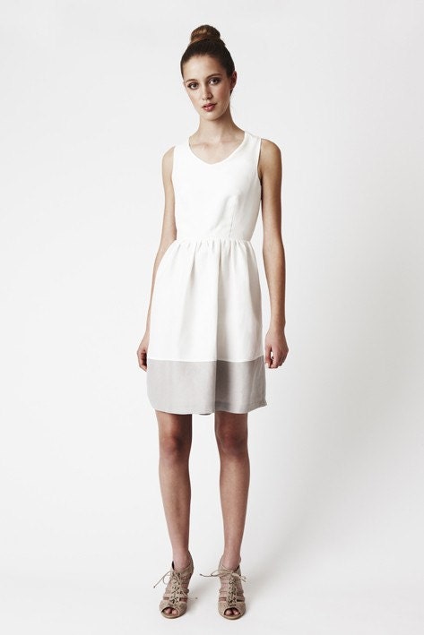 White Evelyn Dress - Simple, crisp and classic in silk/linen, vee-neck, two-tone, above knee