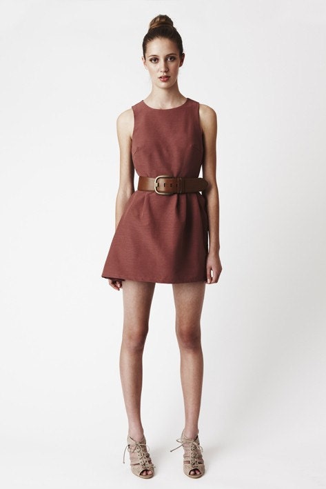 Side Gathers Dress - Dusty Pink / Rose / Rust Round Neck Above-Knee Pleated
