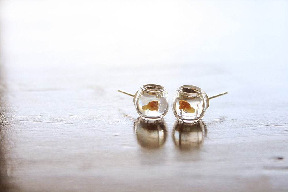 Yellow Goldfish in a bowl pet earrings