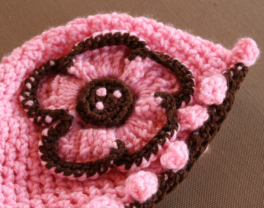 Chocolate Brown and Pink Flower Beanie Hat, pick a size from Newborn to 4t