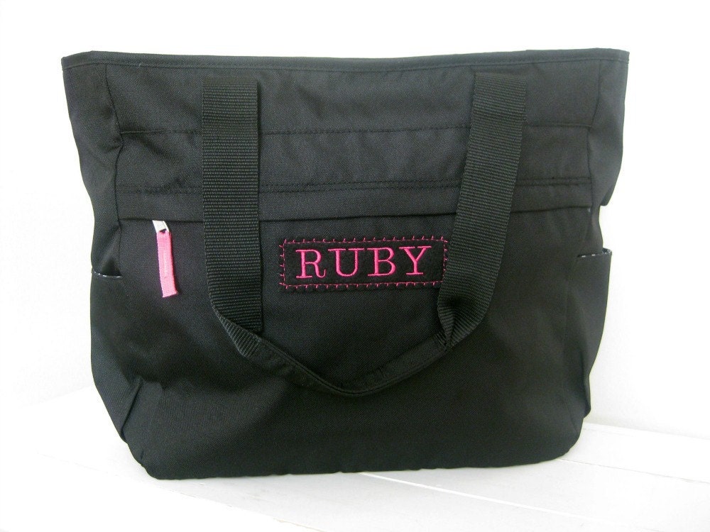 Tote Bag With Monogram (Pottery Barn): Black with Hot Pink Trim