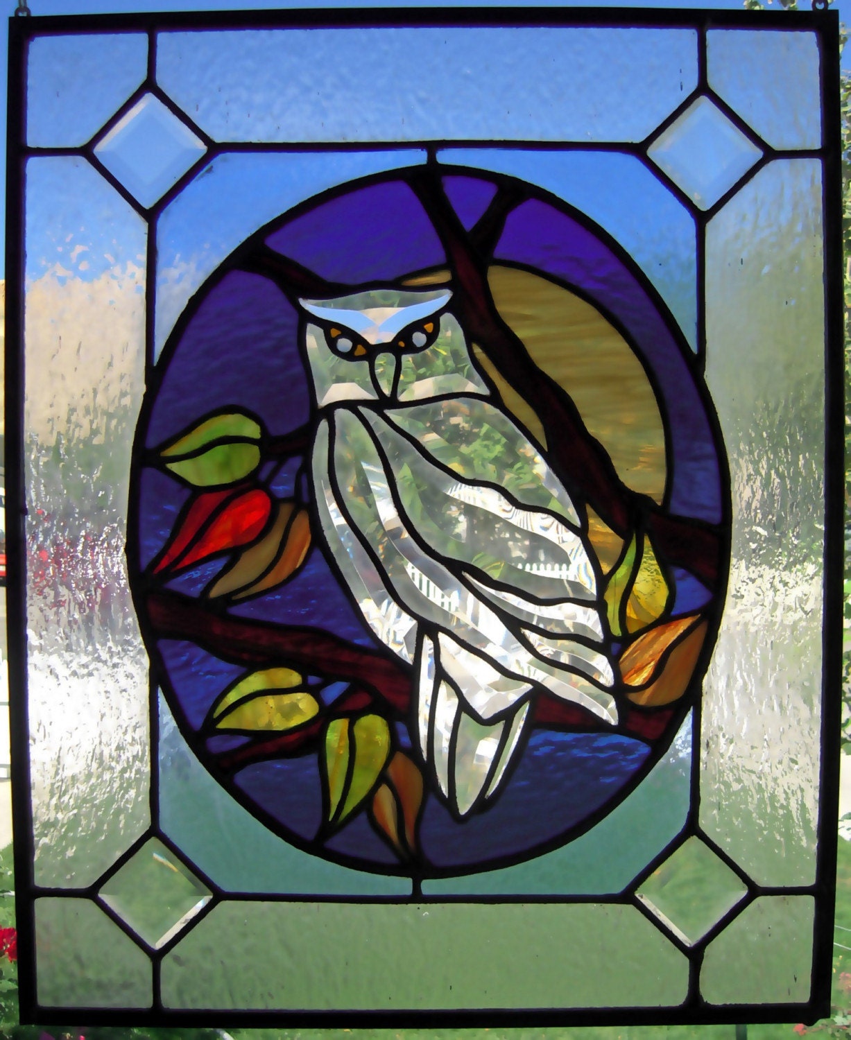 Items similar to Harvest Moon Owl Stained Glass Panel on Etsy