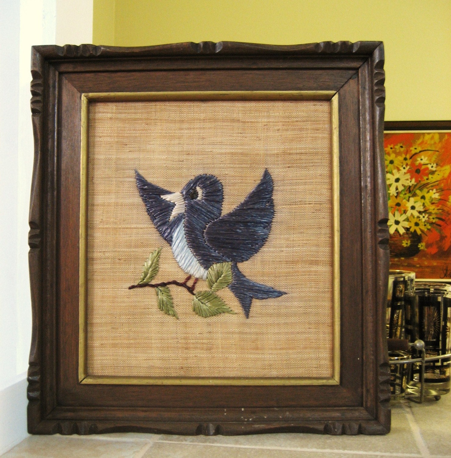 1970's Framed Bluebird Embroidery