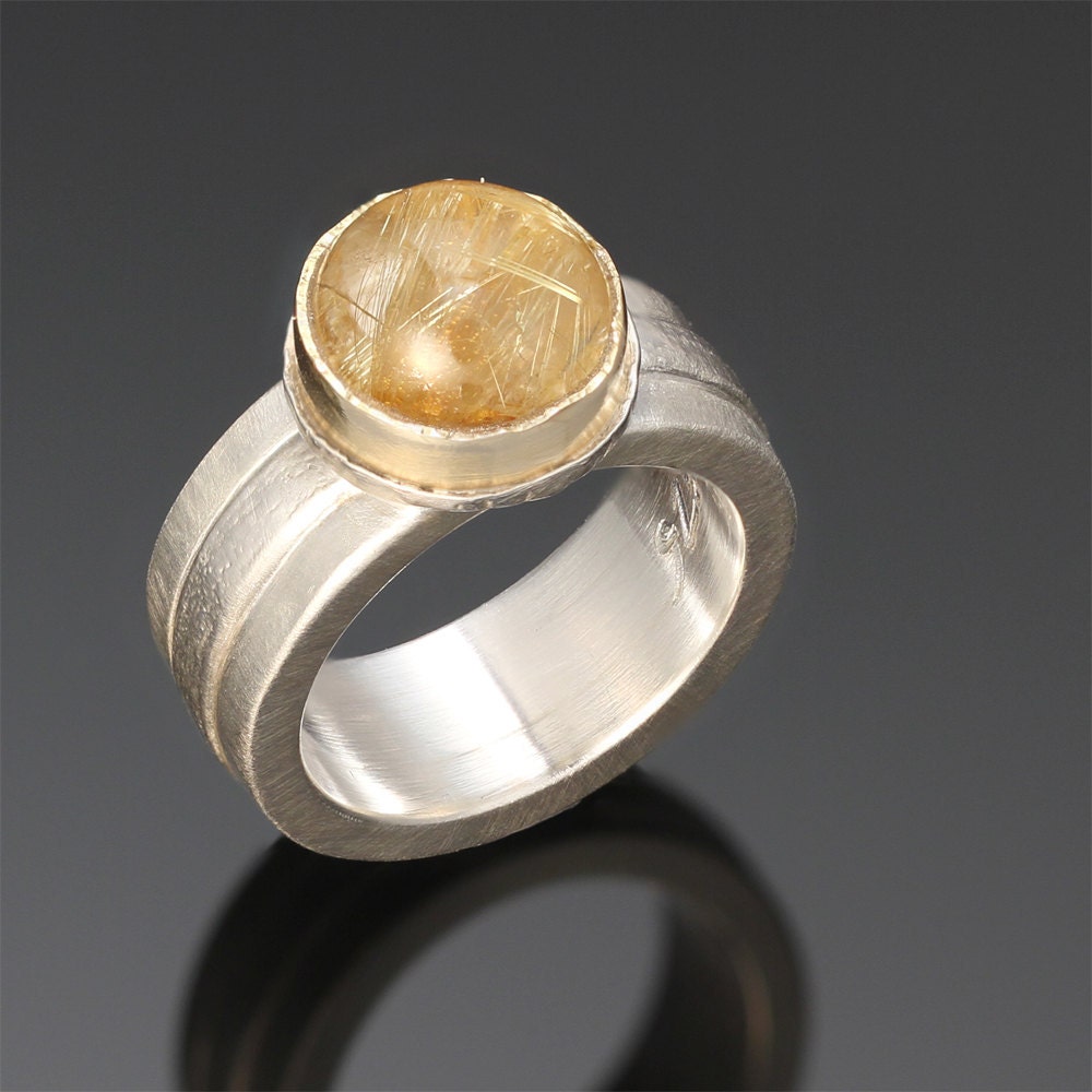 Sterling Silver & 18k Gold, Rutilated Quartz Ring "Shooting Stars Ring" - SolarwindStudios