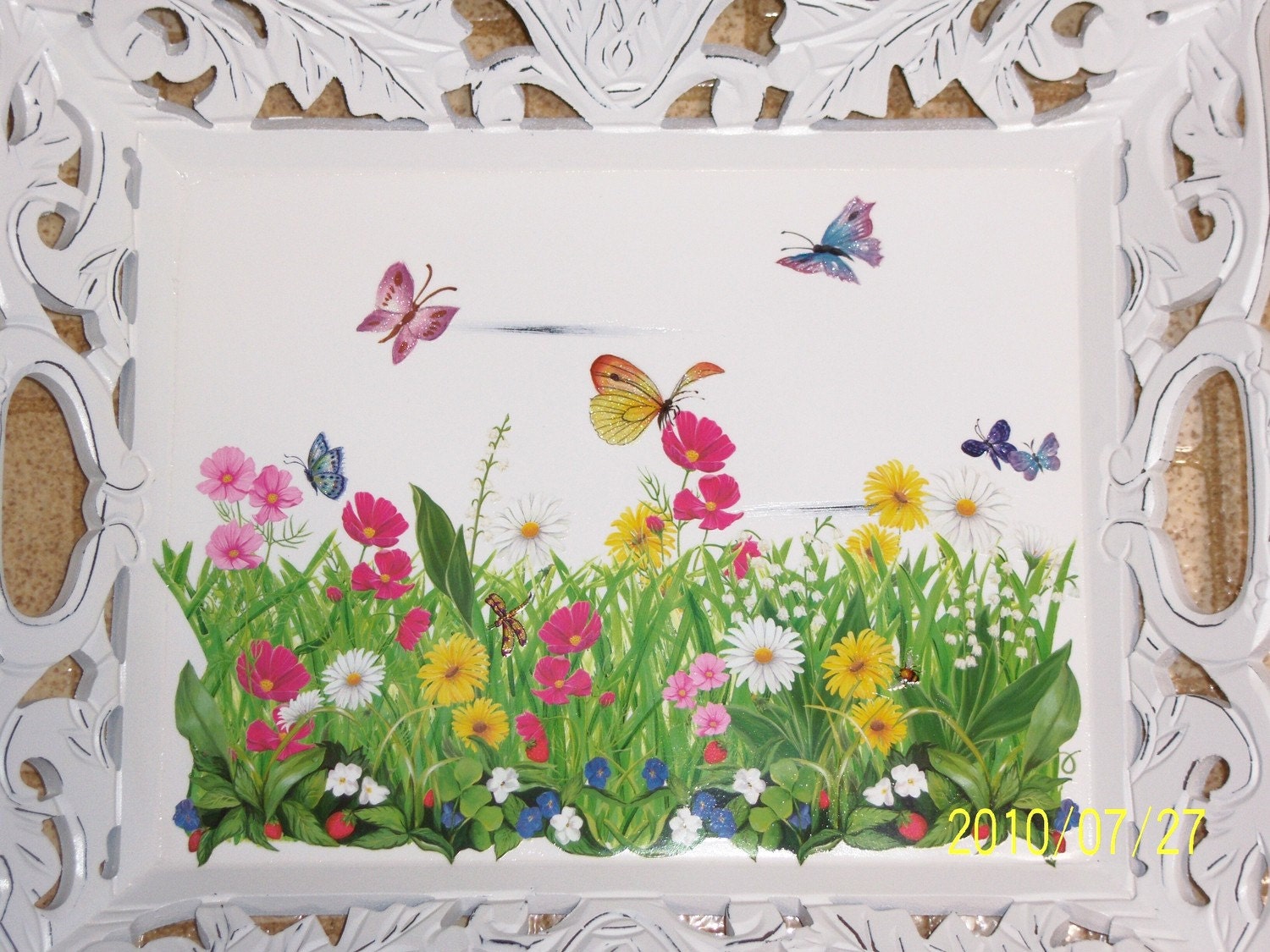 Ornate field of flowers wood tray - swarovski crystals