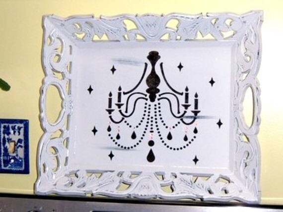 Ornate Chandelier wood tray - swarovski crystals