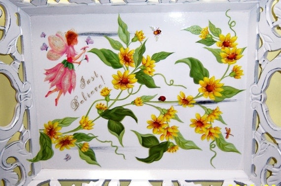 Ornate yellow floral - (Just Believe) Fairy - wood tray