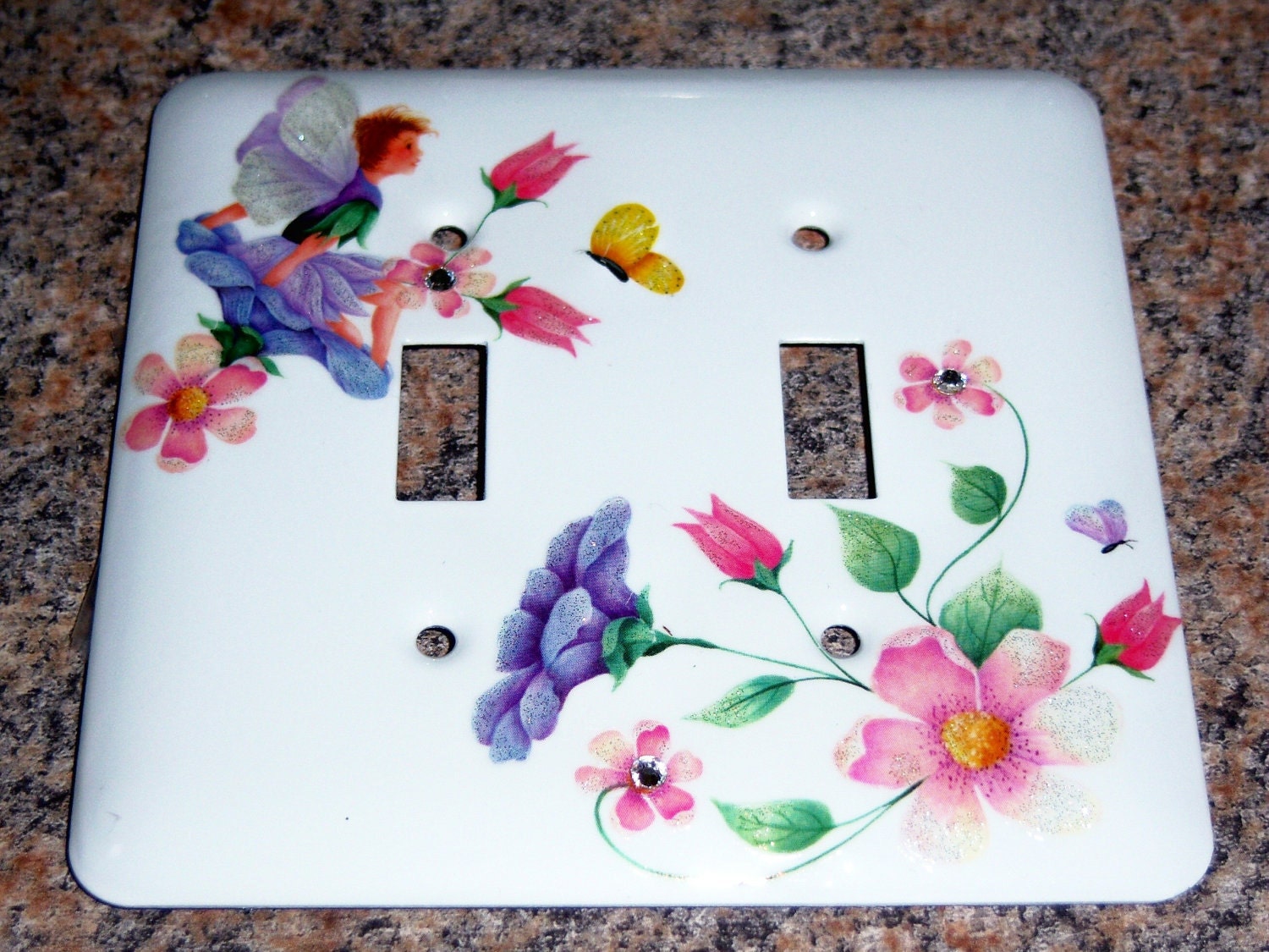 Pixie steel double lightswitch cover - swarovski crystals