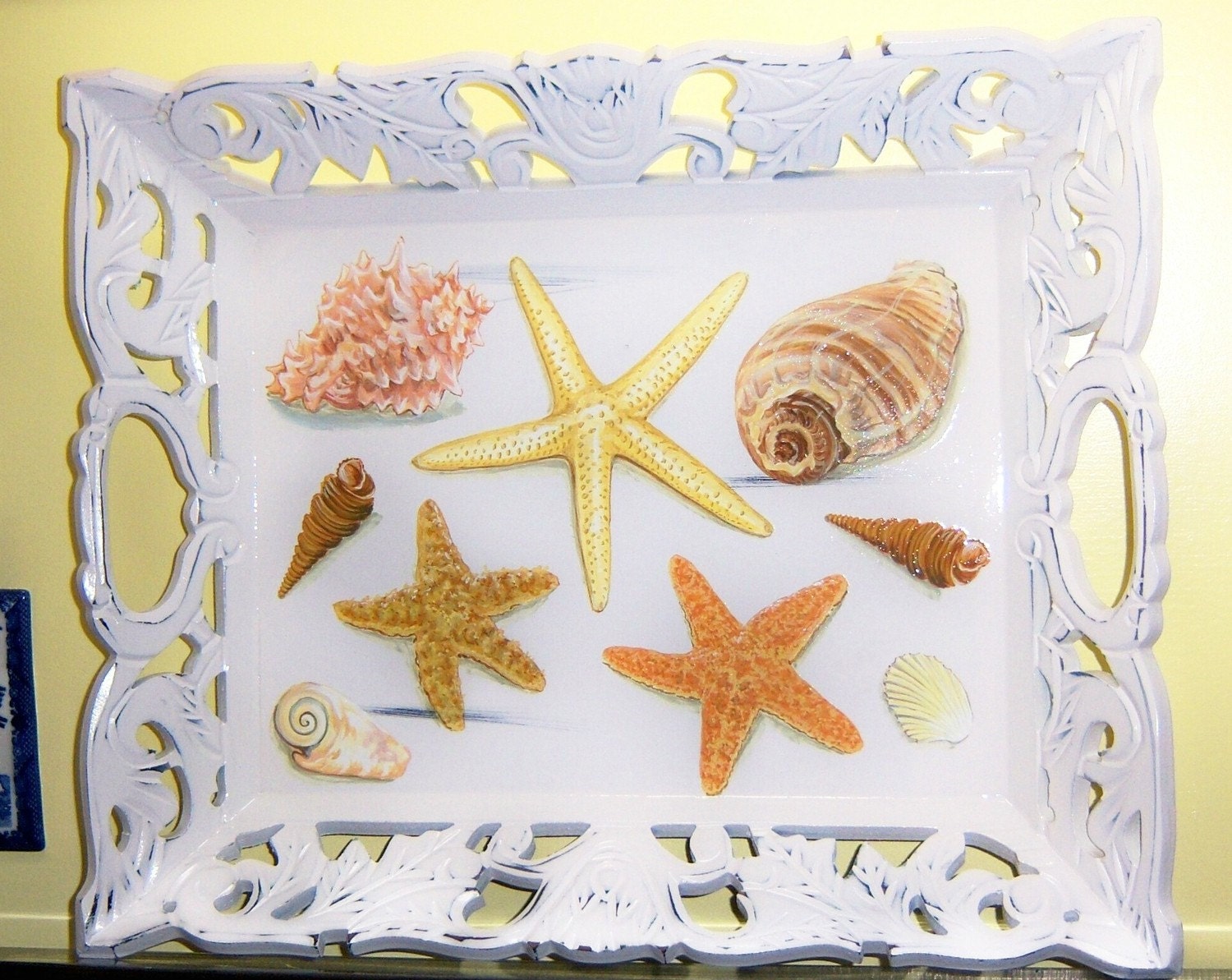 Ornate sea shell wood tray