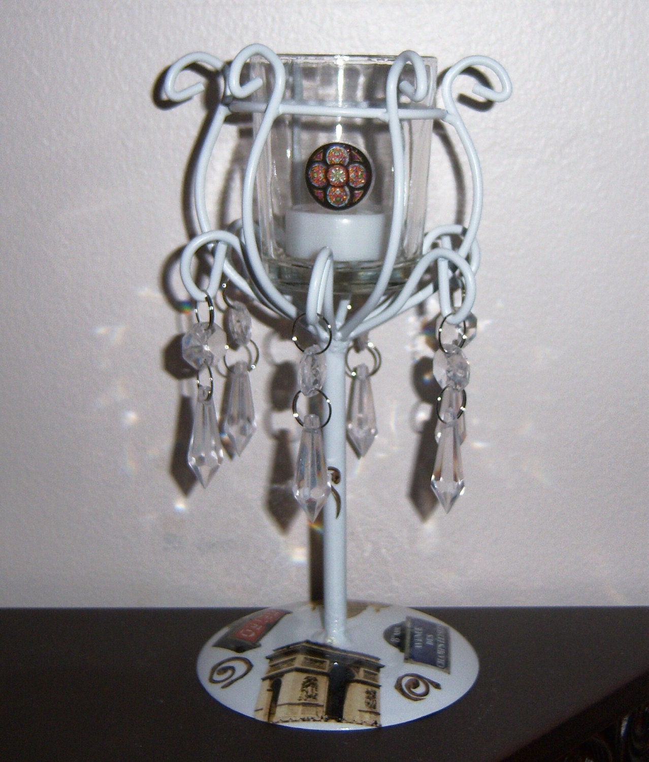 Paris white metal tea light holder with acrylic prisms