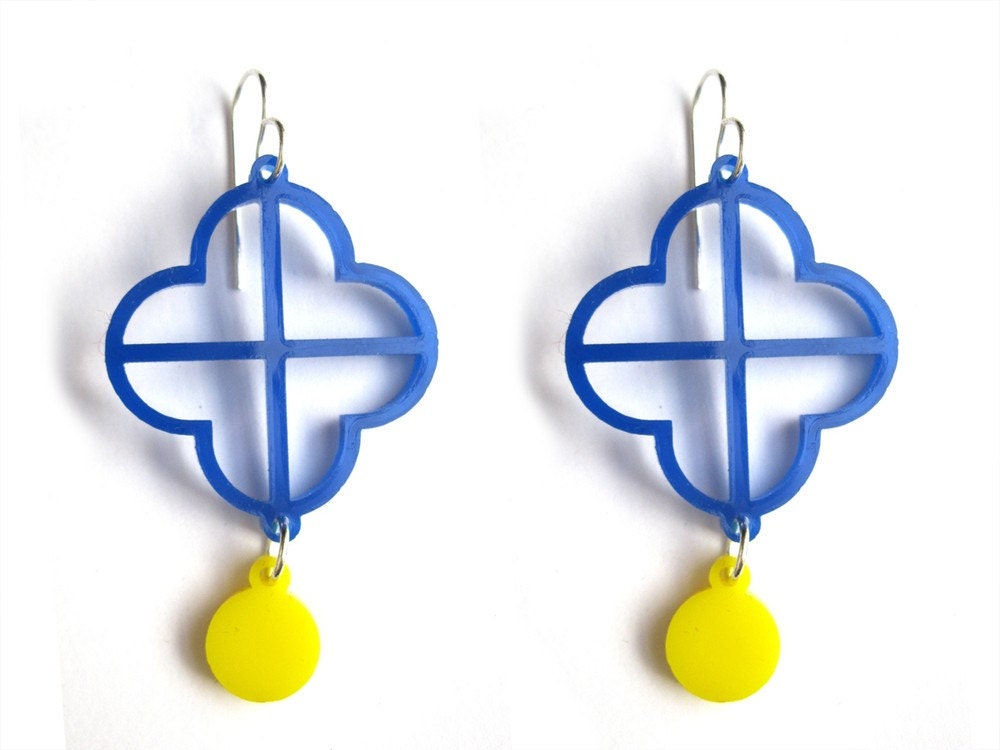 Blueberry Blue Clover Earrings with Yellow Drops Laser Cut Acrylic