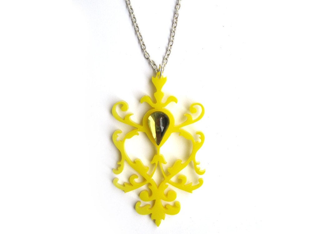 Laser Cut Acrylic Necklace Yellow Cabochon Stone Boho Retro Hippie Modern