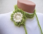 SALE % 20 - Was 18 Now 14,4-  Hand crochet Lariat Scarf Green Cream Flower Lariat Scarf  Long Necklace Holiday Accessories - nurlu