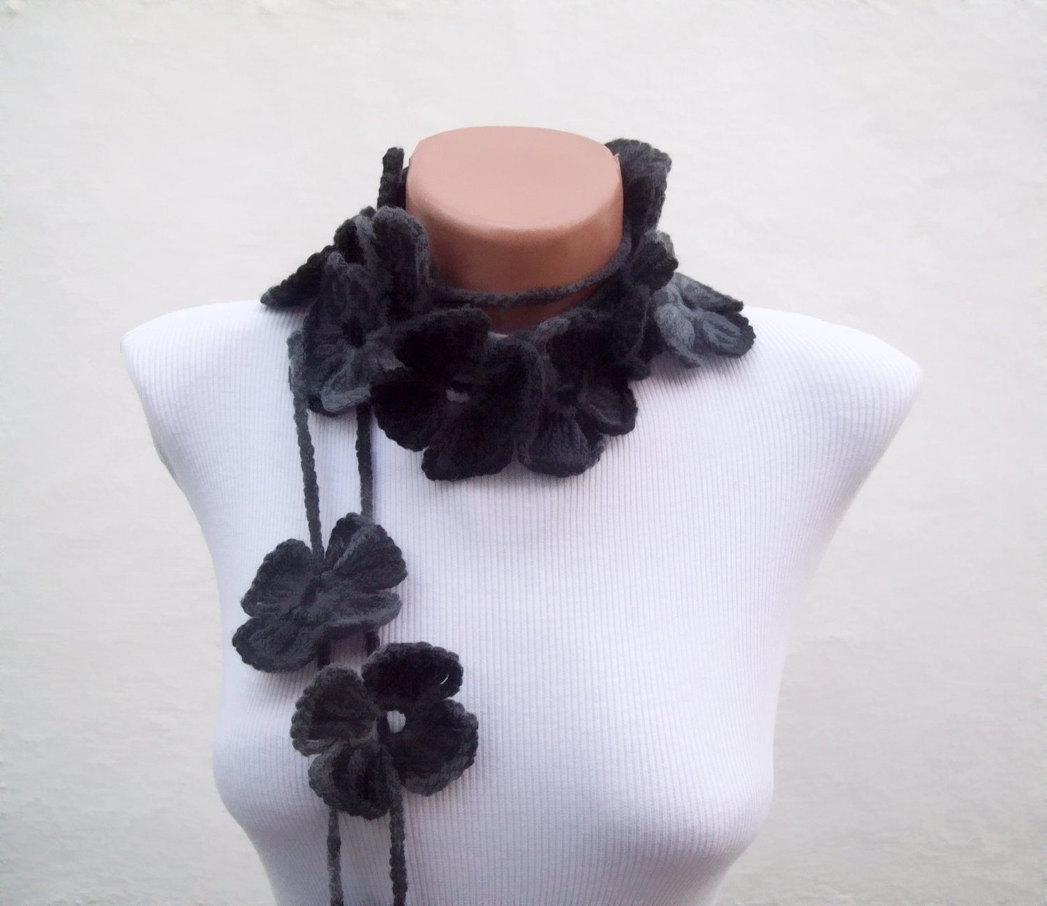 Hand crochet Lariat Scarf Black Grey Flower Lariat Scarf Colorful Variegated Long Necklace Winter Accessories