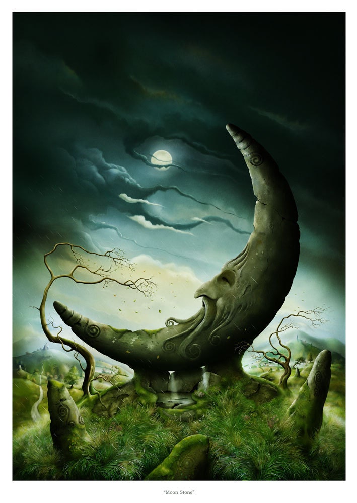 Art Print - Moon Standing Stone in Celtic Landscape A3 (11.7x16.5) by John Emanuel Shannon
