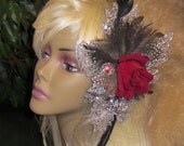 SALE OOAK Large Black Tie Affair Red Velvet  Rose Wedding Silver Leaf Hair piece Accessory 6 x 12 x 3
