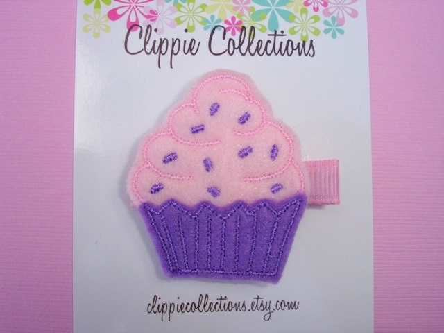 Yum Yum Cupcake clippie - Purple and pink felt hair clip - no slip