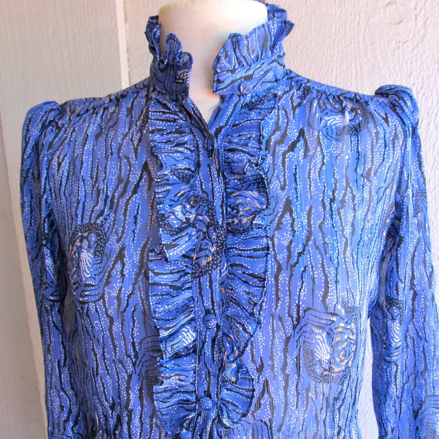 rufffled collar secretary dress - blue animal print - s m