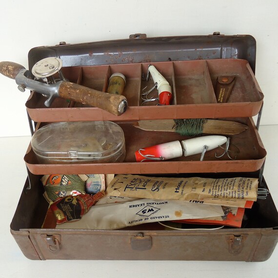 vintage 1940s metal tackle box plus tackle lures by JennyandPearl