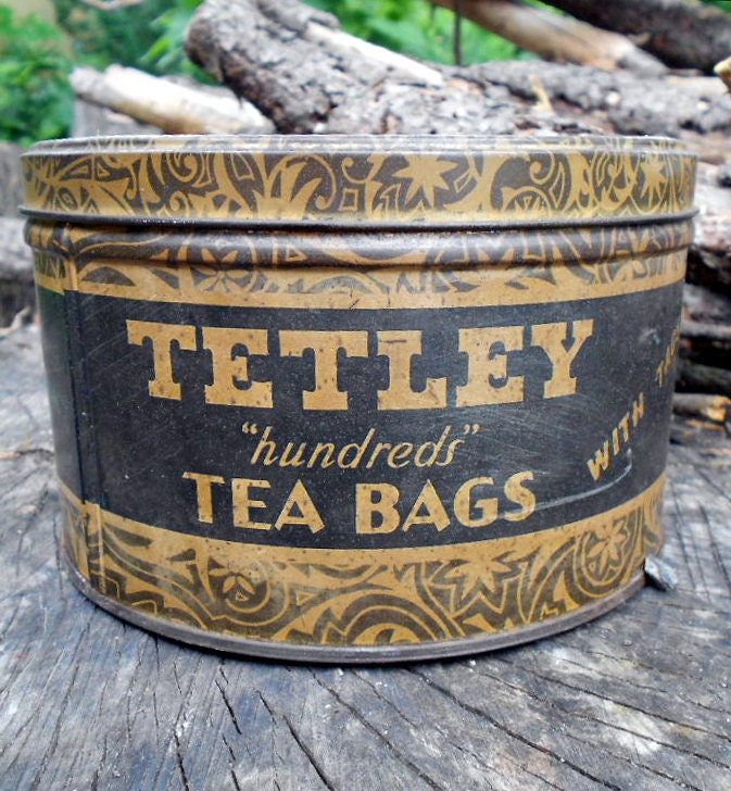 Vintage Kitchen Tin, gold and black Tetley Tea tin with outstanding graphics and cool old typeface letters