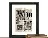 Letter W Print Monogrammed Gift Personalized Initial Vintage Book Page - Beautifully Matted Gift Present Home Office Decor