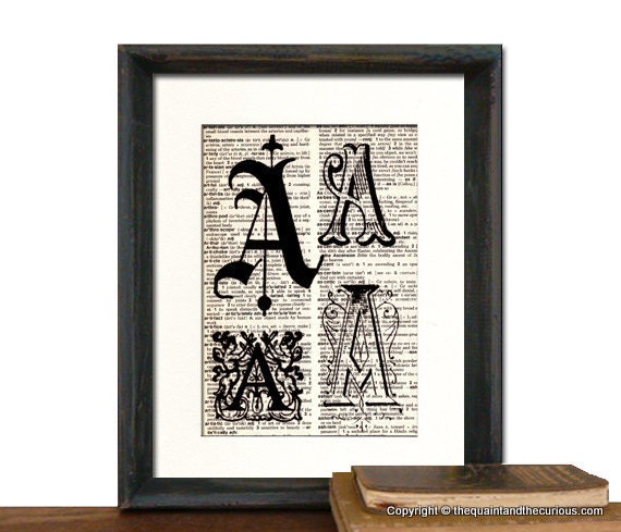 Letter A Monogrammed Gift Personalized Initial Vintage Book Page - Beautifully Matted Fathers Day Art Print Gift Present Home Office Decor