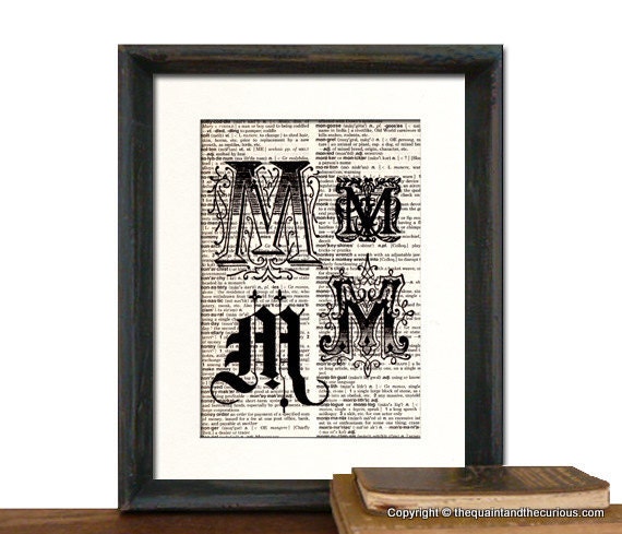 Letter M Monogrammed Gift Personalized Initial Print Vintage Book Page - Beautifully Matted Fathers Day Gift Present Home Office Decor