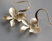 Orchid Earrings, Gold One  Flower Design, delicate charm dangle, simple everyday jewelry, by balance9