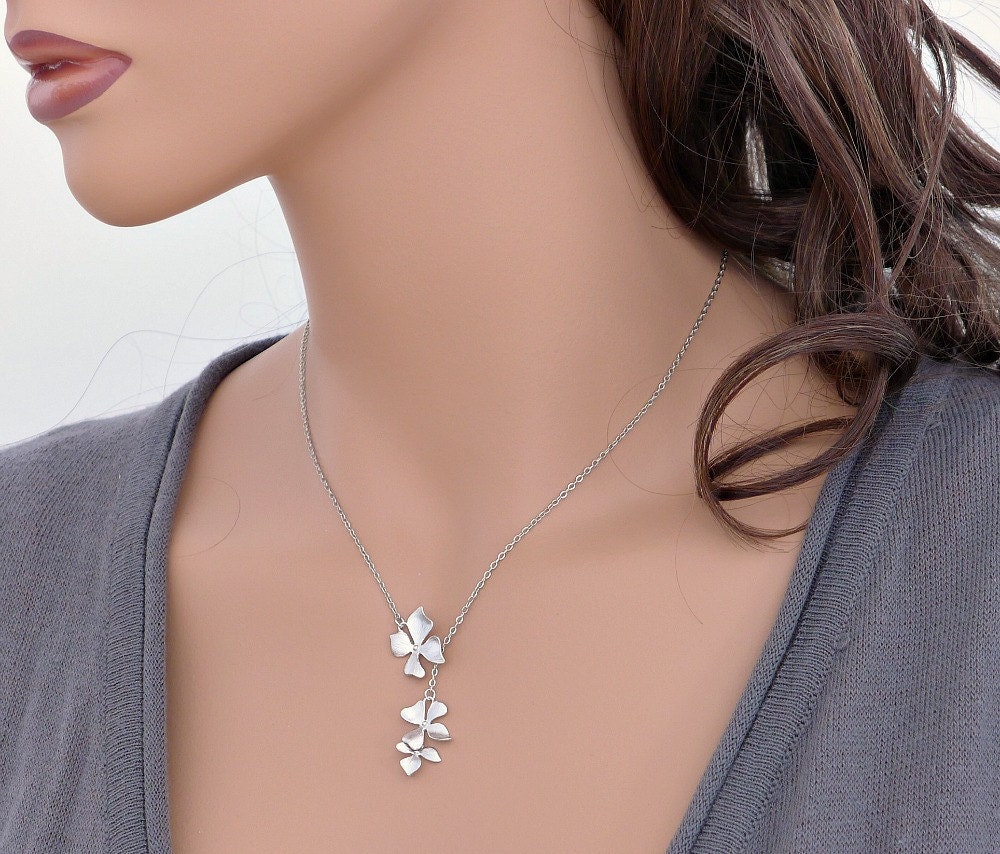 wild orchid necklace, silver lariat, flowers 1&2, delicate bridesmaid gifts, everyday, wedding jewerly, by balance9
