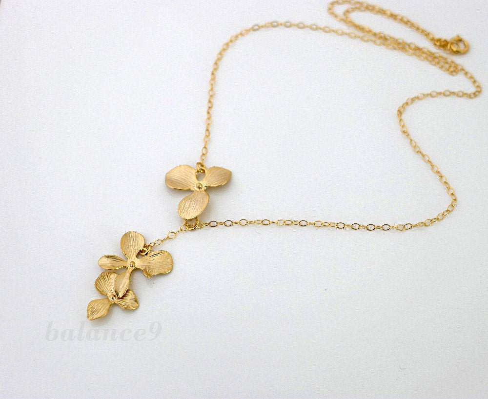 Orchid flower necklace, 14k gold filled chain lariat, wedding jewelry, bridesmaid, by balance9