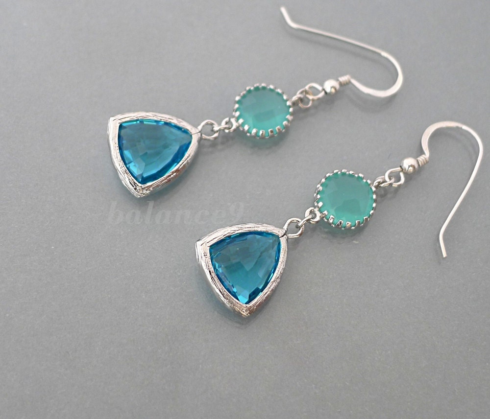 Earrings, Mint Aqua framed glass crystal drop dangle, sterling silver ear wire, delicate everyday jewelry, wedding gift, by balance9