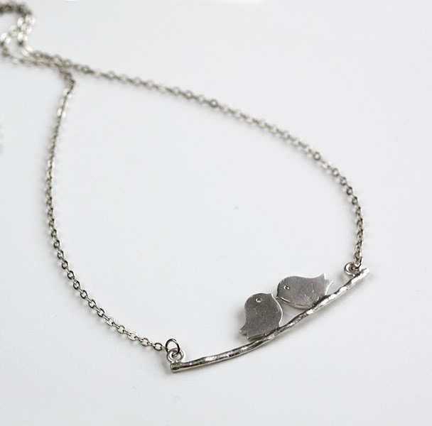 Love birds on Branch Necklace, kissing birds charm pendant, delicate, by balance9