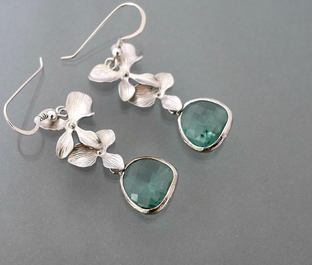 Erinite earrings, silver framed glass crystal drop, delicate orchid flower charm dangle, sterling ear wire, wedding jewelry, by balance9