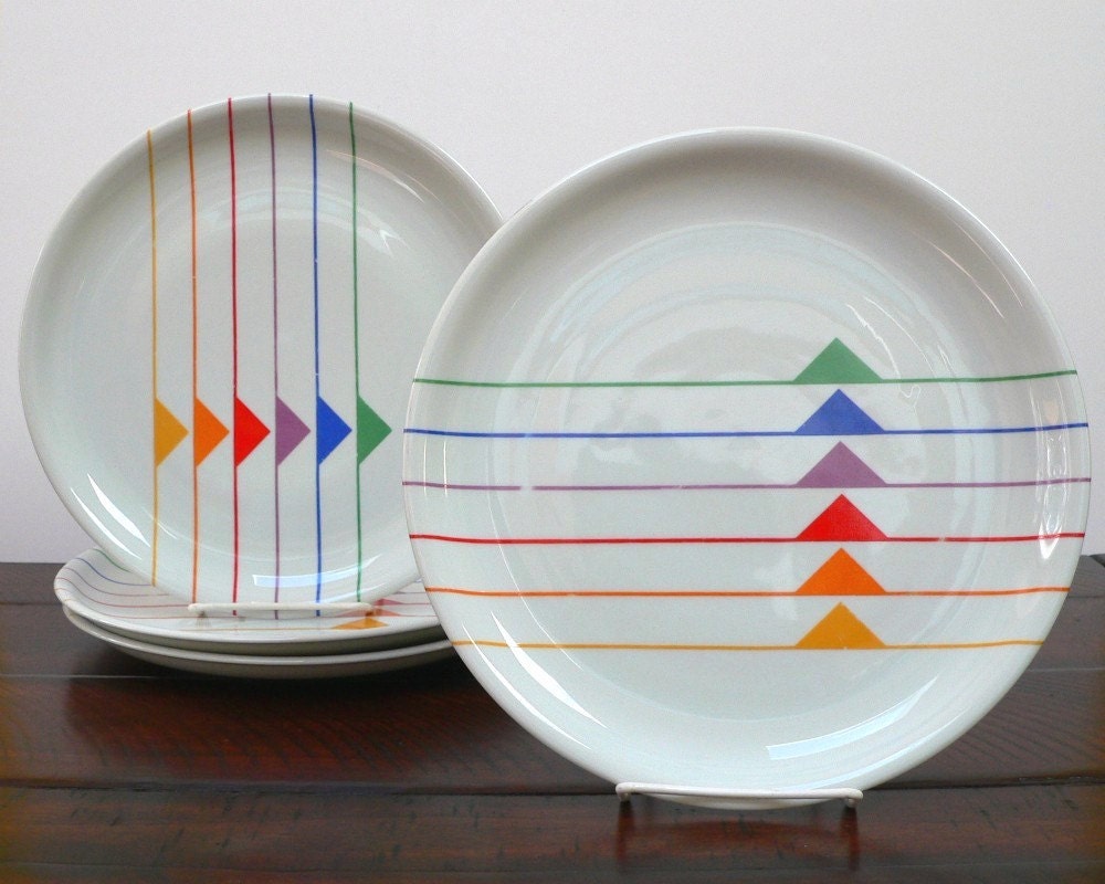 Four Block China Sextet dinner plates from Harmony Vista Alegre Portugal designed by Gerald Gulotta Jack Price geometric stripe triangle