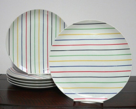 RESERVED Dinner plates Georges Briard Palette rainbow striped set of six