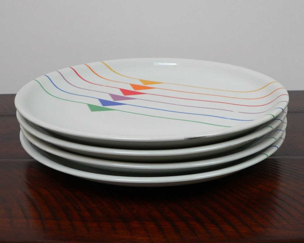 Four Block China Sextet dinner plates from Harmony Vista Alegre Portugal designed by Gerald Gulotta Jack Price geometric stripe triangle