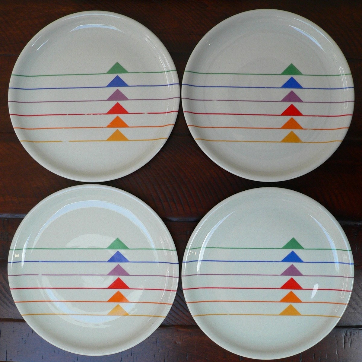 Four Block China Sextet dinner plates from Harmony Vista Alegre Portugal designed by Gerald Gulotta Jack Price geometric stripe triangle
