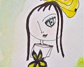Zoey with White Dress- Neon Yellow Hat and Flower- ACEO Original Drawing- Mixed Media - oneeyedgirls